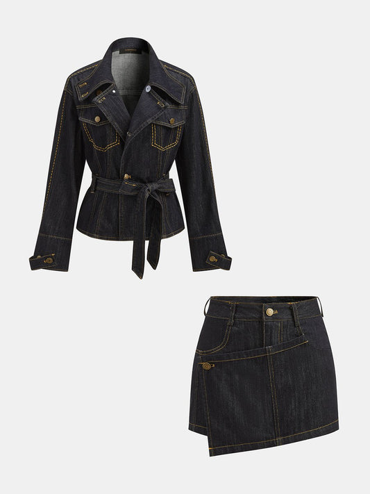 Belted Denim Jacket & Wrap Skort Co‑ord Set